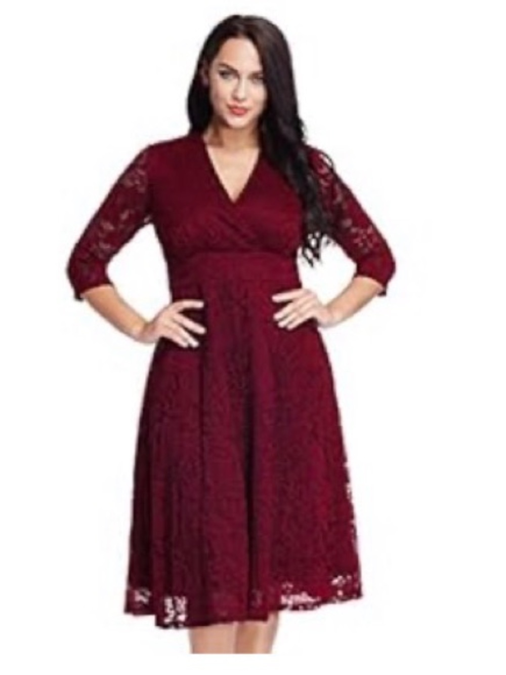 Women's Plus Lace Fit-and-Flare Midi Dress - Burgundy